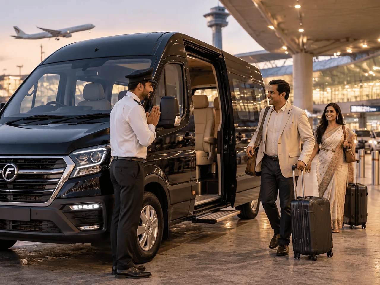 A Force Urbania driver greeting a couple with luggage at an airport pickup at dusk