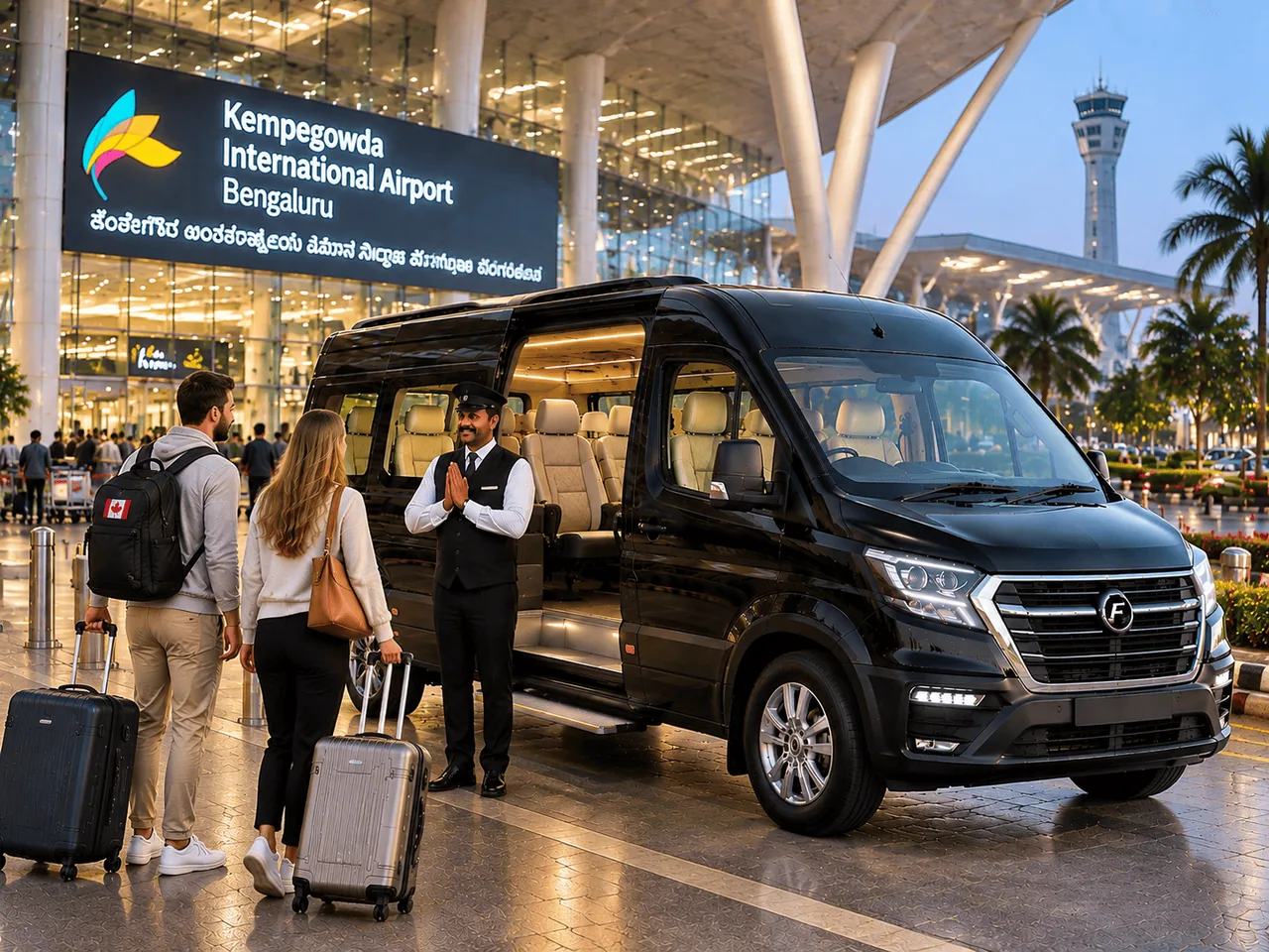 Canadian travellers with luggage greeted by a Force Urbania driver at an Indian airport