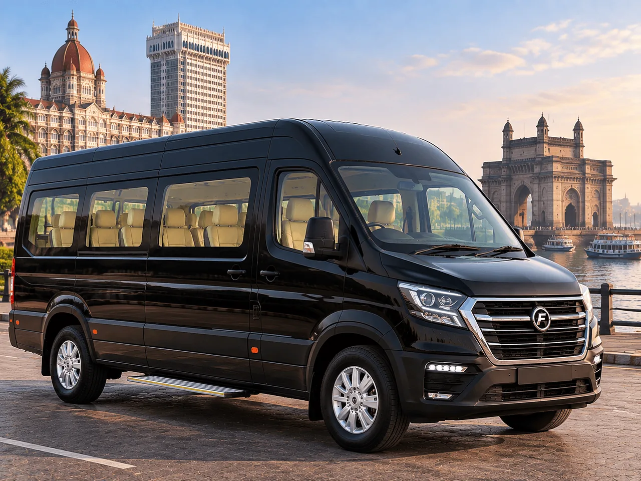 Black Force Urbania parked in front of the Taj Mahal Palace hotel and the Gateway of India in Mumbai