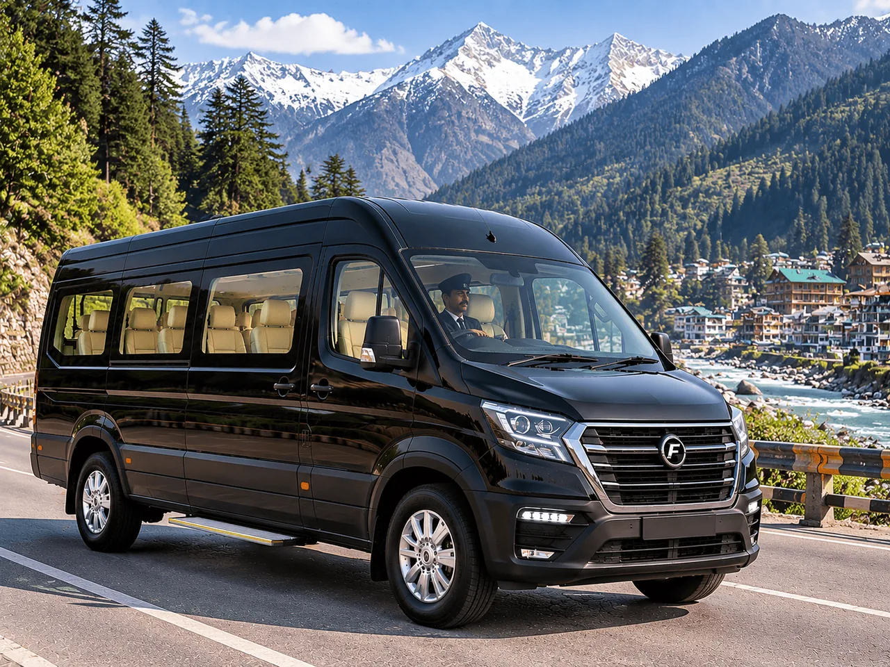Black Force Urbania with its driver on a mountain road in Manali, with snow-capped peaks and a river behind