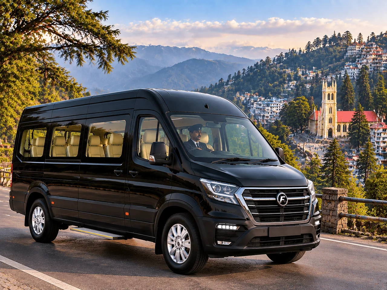 Black Force Urbania with its driver on a hill road in Shimla, with Christ Church behind