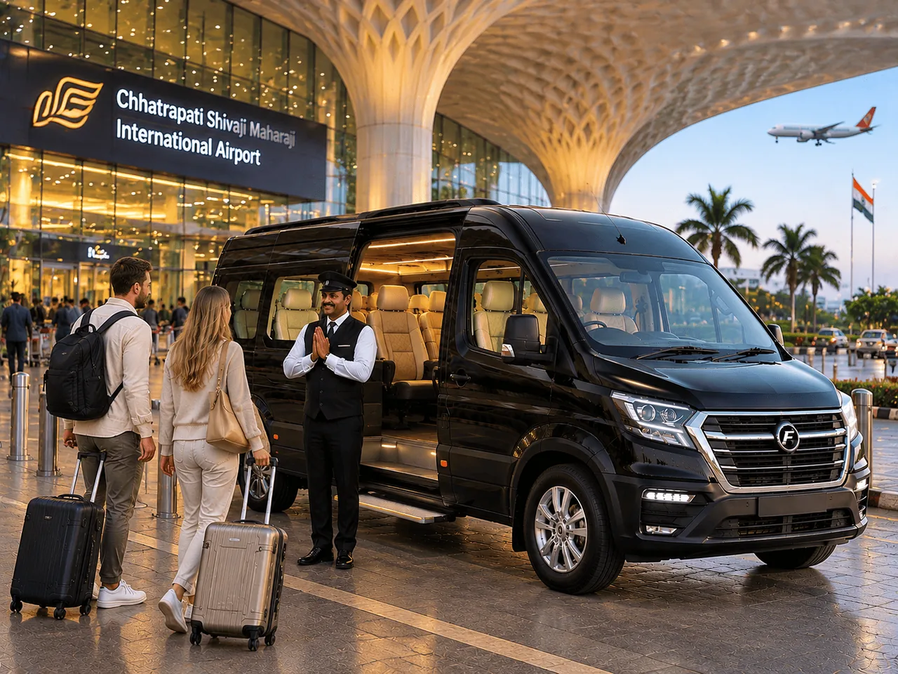 A Force Urbania driver greeting arriving travellers outside Chhatrapati Shivaji Maharaj International Airport in Mumbai