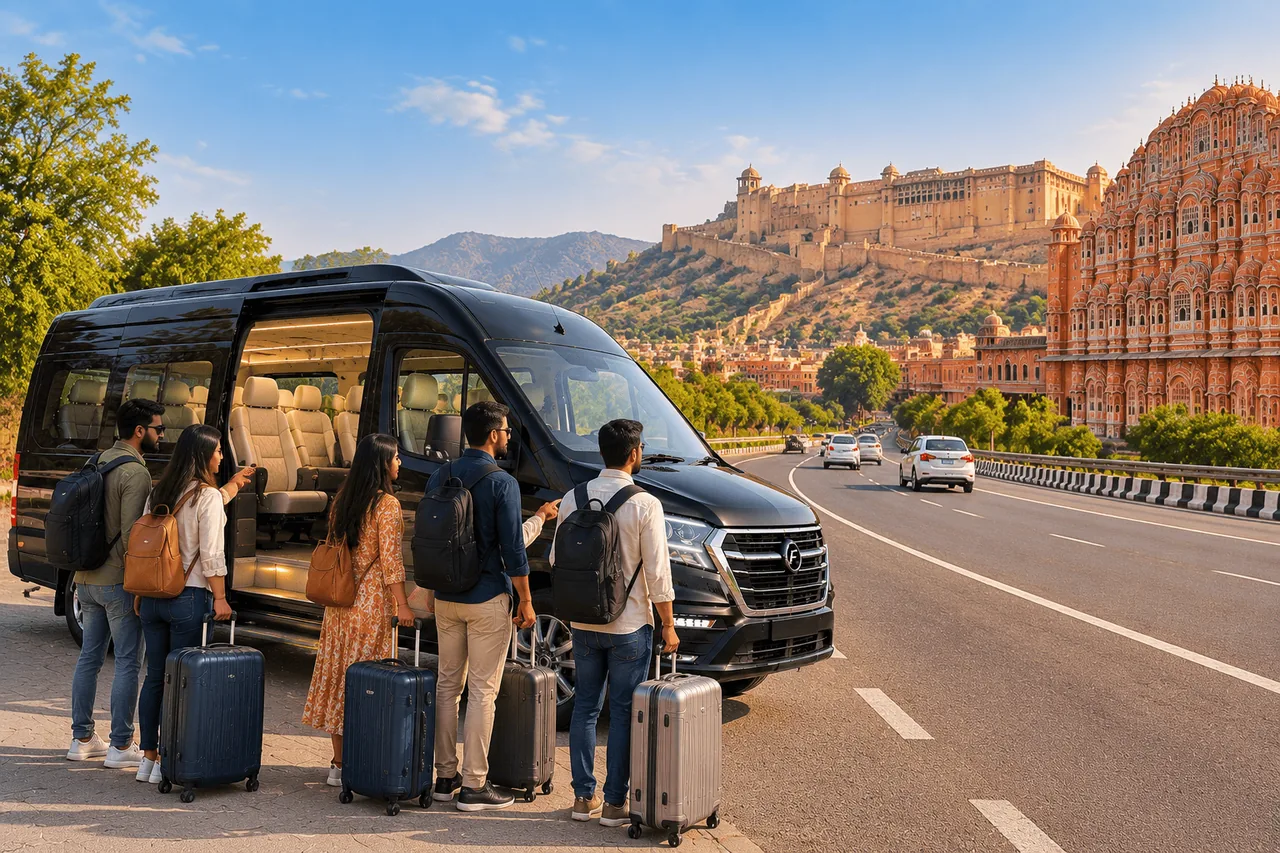 A group of travellers with luggage beside a Force Urbania on the road to Jaipur, with Amber Fort and Hawa Mahal behind