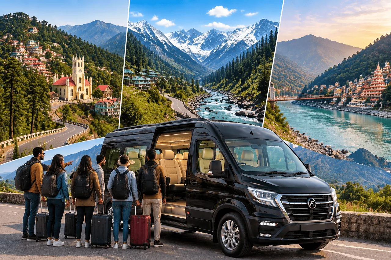 Travellers with luggage beside a Force Urbania, with pictures of Shimla, Manali and Rishikesh behind them