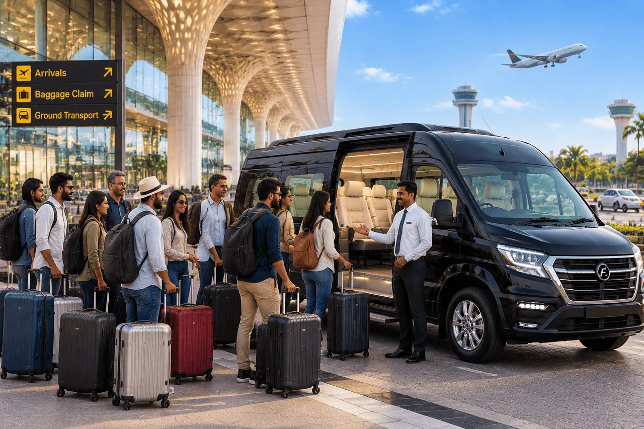 A large group with luggage meeting a Force Urbania driver at airport arrivals
