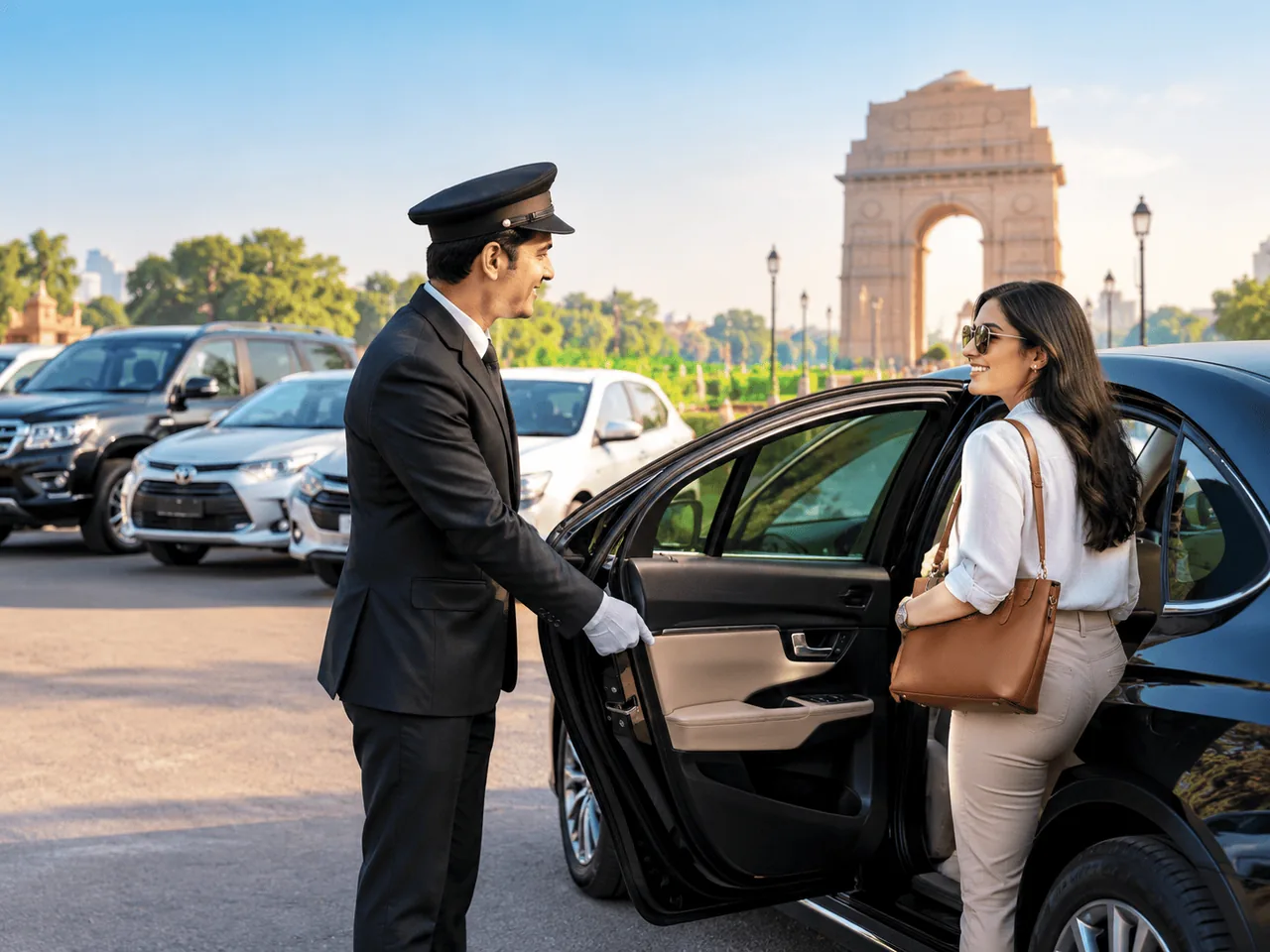 A chauffeur opening the car door for a passenger near India Gate in Delhi