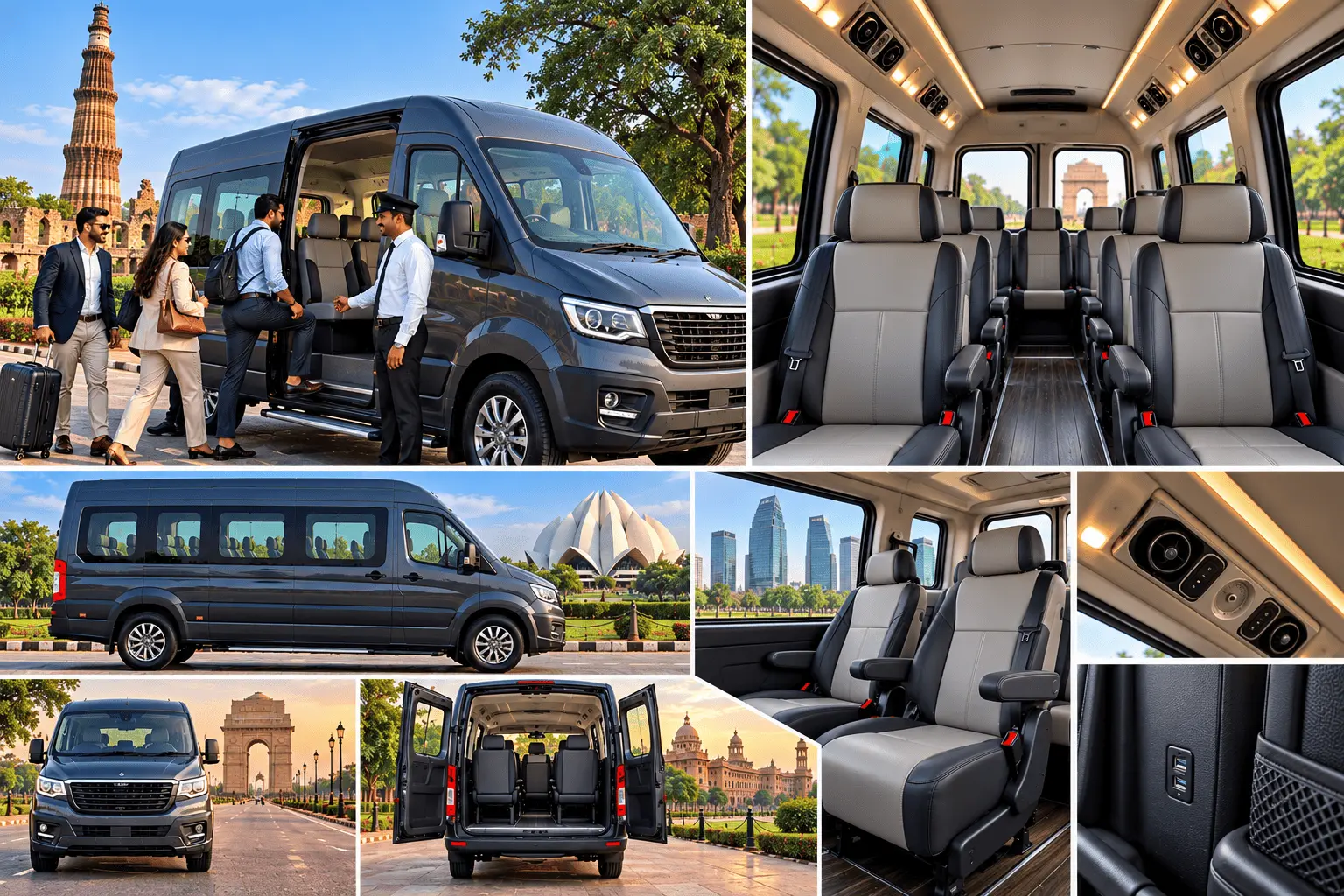 Black Force Urbania 10 seater with cream seats in front of India Gate in Delhi