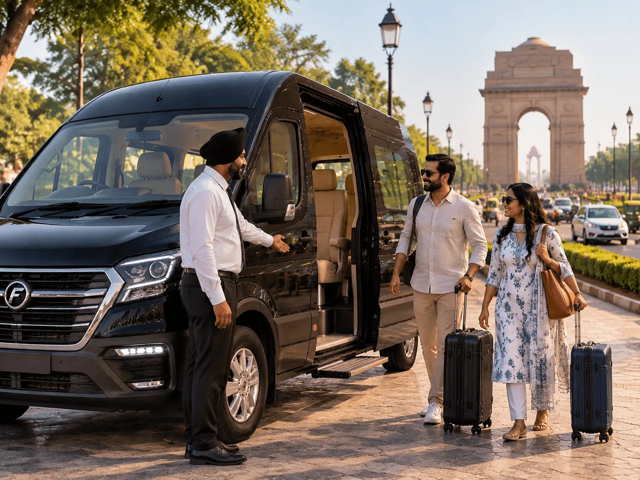 A Force Urbania driver in a turban welcoming a couple with luggage near India Gate in Delhi