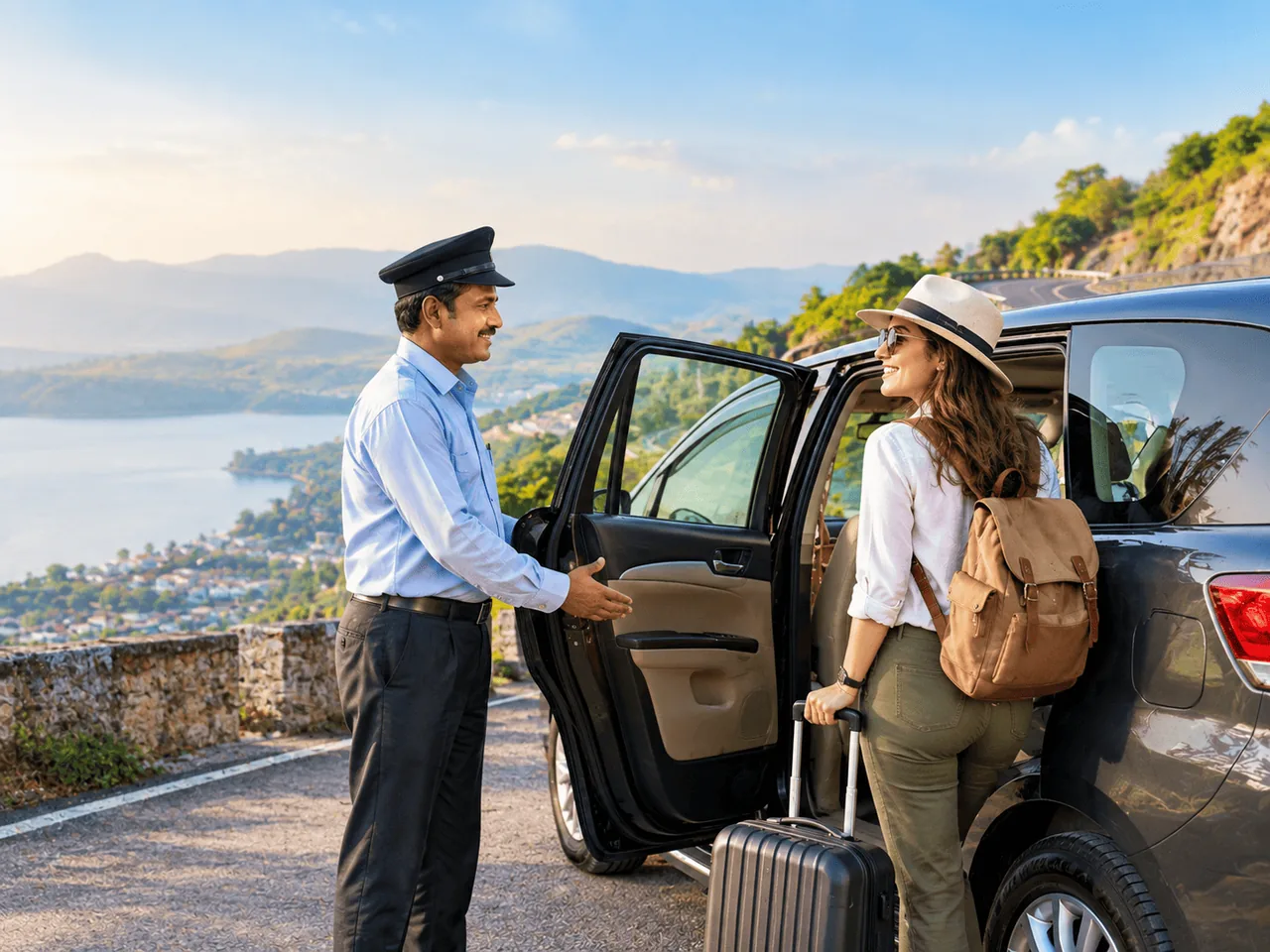 A driver opening the car door for a traveller with a backpack and suitcase on a hill road above a lake