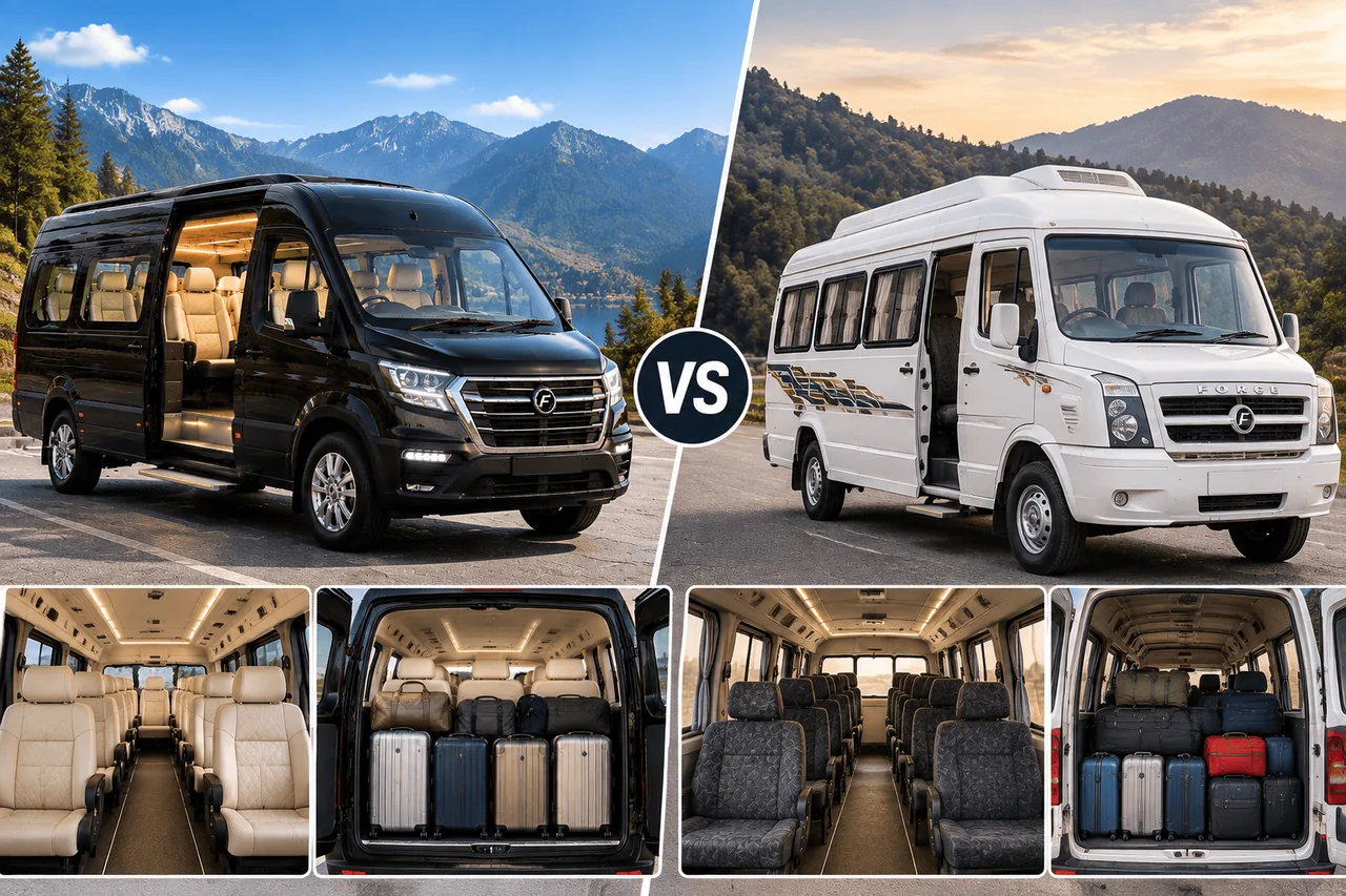 A black Force Urbania and a white Force Tempo Traveller side by side, showing seats and luggage space